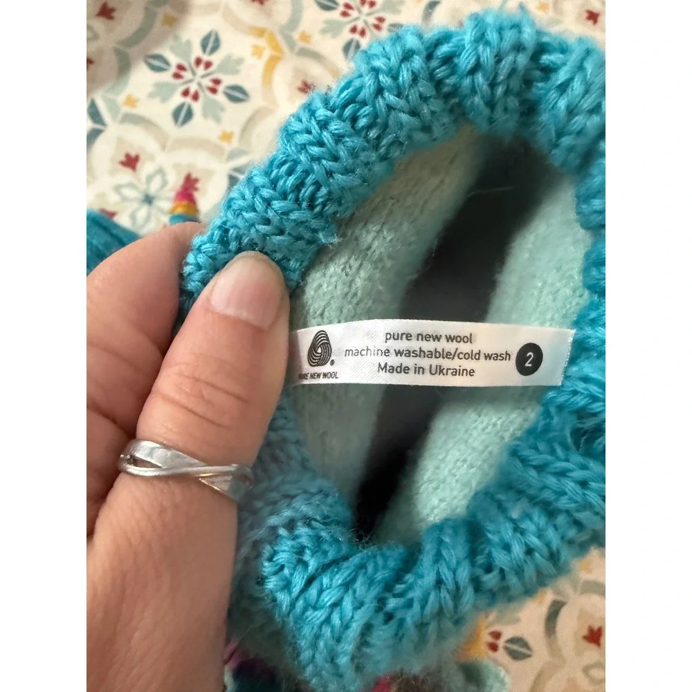 Garnet Hill Kids Wool Unicorn Slippers Mint Blue Bootie Size 2 Made in Ukraine‎